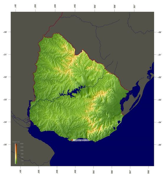 Grande mapa físico de Uruguay