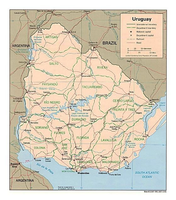 Grande mapa político y administrativo de Uruguay con carreteras y ciudades - 1995