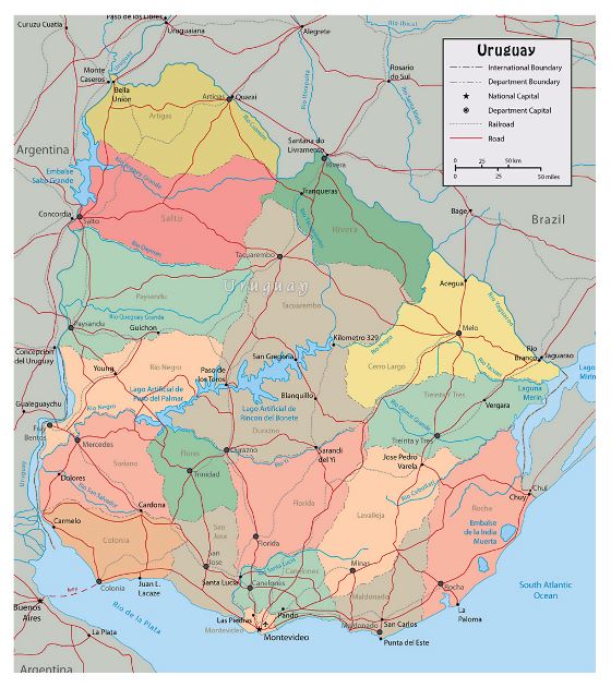 Grande mapa político y administrativo de Uruguay con carreteras y ciudades