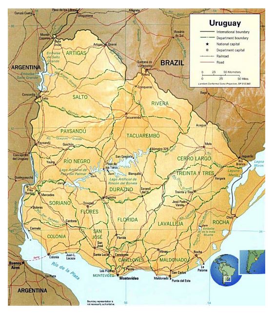Grande mapa político y administrativo de Uruguay con relieve