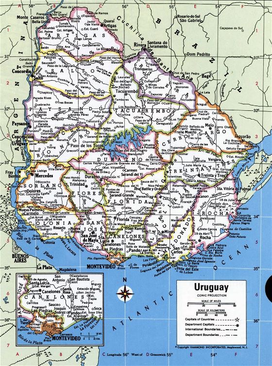 Grande mapa político y administrativo de Uruguay con todas ciudades