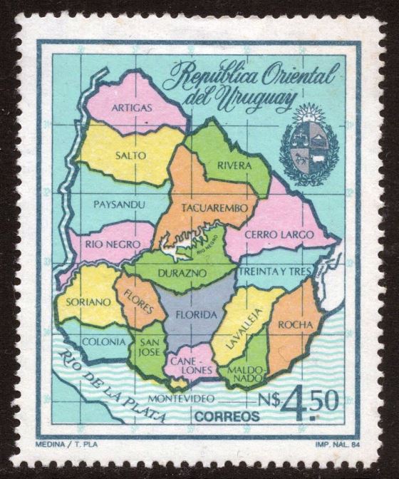 Grande mapa político y administrativo de Uruguay en sello de correos