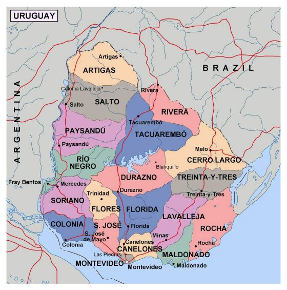 Grande mapa político y administrativo de Uruguay