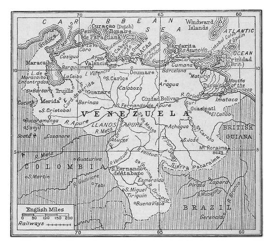 Detallado mapa antiguo de Venezuela con ferrocarriles y ciudades - 1920