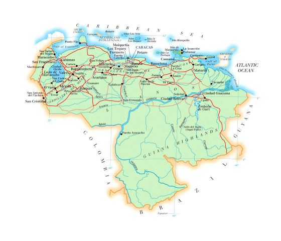 Detallado mapa de elevación de Venezuela con carreteras, ciudades y aeropuertos