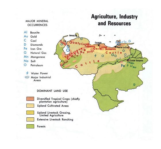 Detallado mapa de Industria Agropecuaria y Recursos de Venezuela