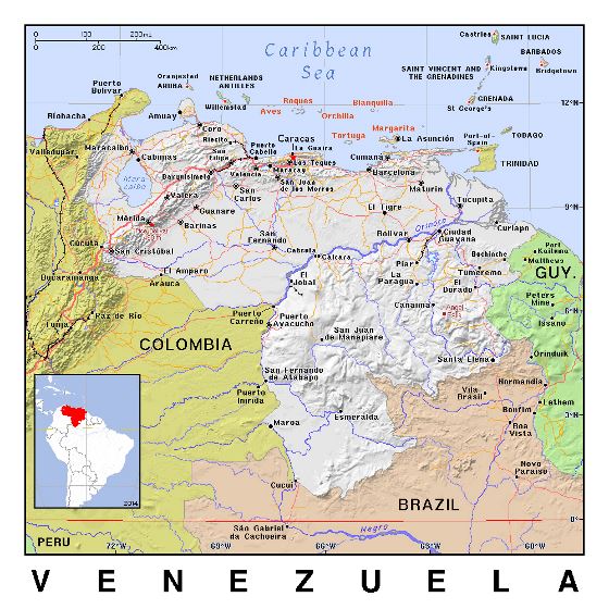 Detallado mapa político de Venezuela con relieve