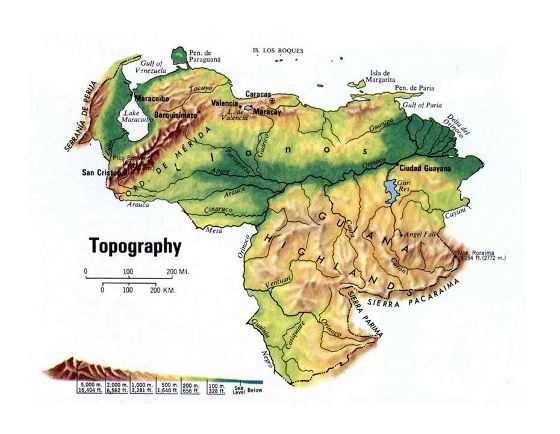 Detallado mapa topográfico de Venezuela
