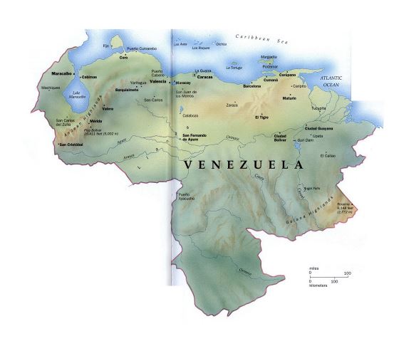 Grande detallado mapa de Venezuela con relieve y principales ciudades