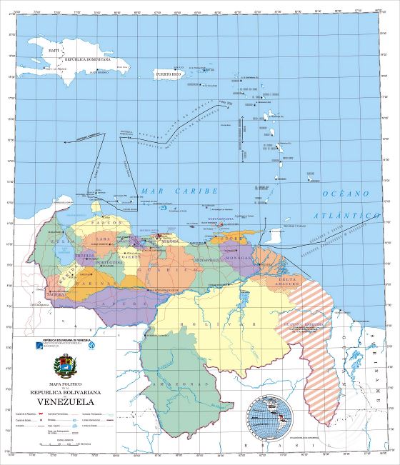 Grande detallado mapa político de Venezuela con administrativas divisiones