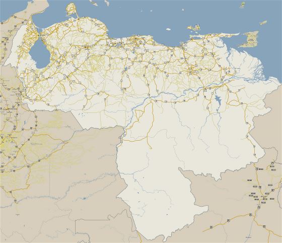 Grande hoja de ruta de Venezuela con ciudades