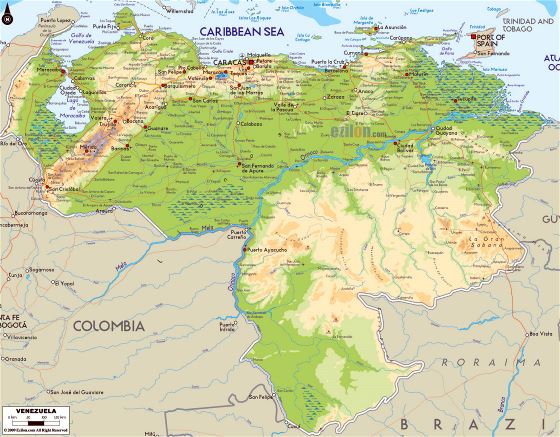 Grande mapa físico de Venezuela con carreteras, ciudades y aeropuertos