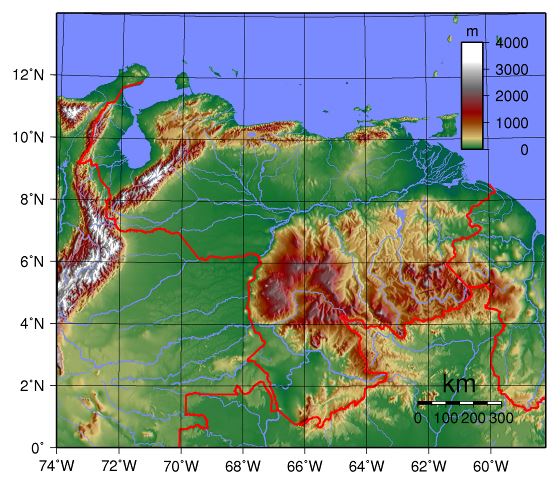 Grande mapa físico de Venezuela