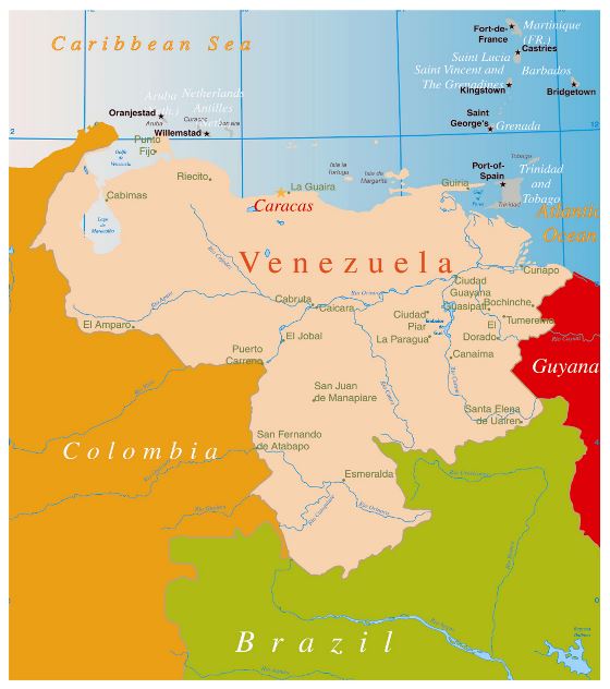 Grande mapa político de Venezuela con principales ciudades