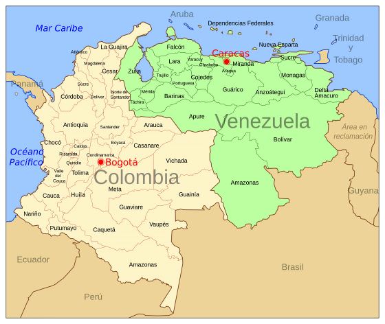 Grande mapa político y administrativo de Colombia y Venezuela con capitales