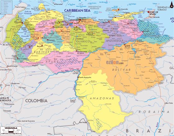 Grande mapa político y administrativo de Venezuela con carreteras, ciudades y aeropuertos