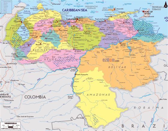 Grande mapa político y administrativo de Venezuela con carreteras, ciudades y aeropuertos