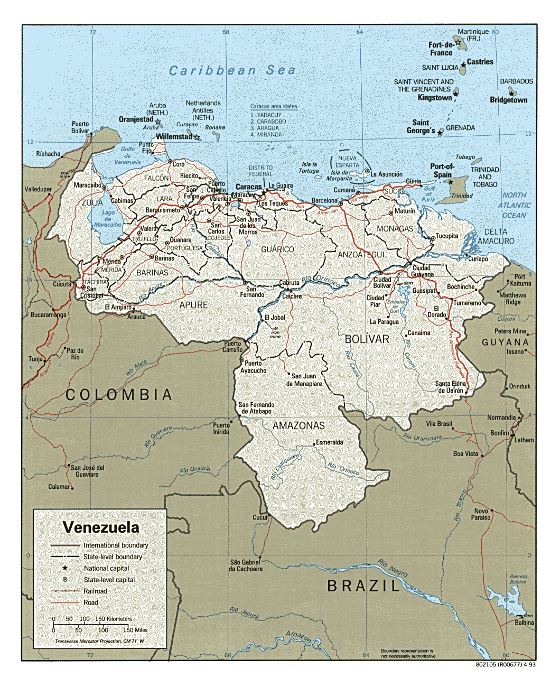 Grande mapa político y administrativo de Venezuela con carreteras y ciudades - 1993