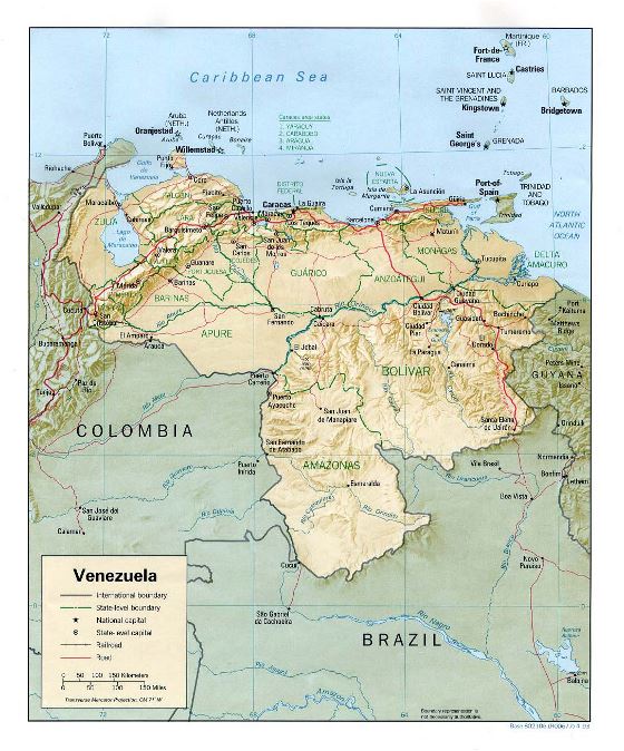 Grande mapa político y administrativo de Venezuela con relieve, carreteras y ciudades - 1993