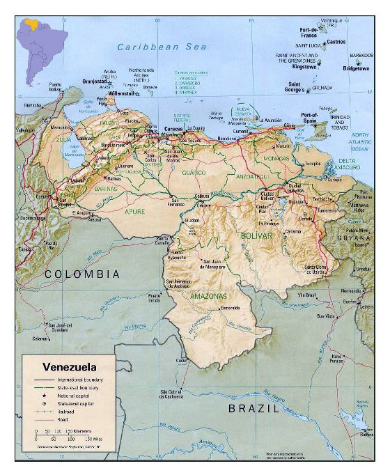 Grande mapa político y administrativo de Venezuela con relieve, carreteras y ciudades