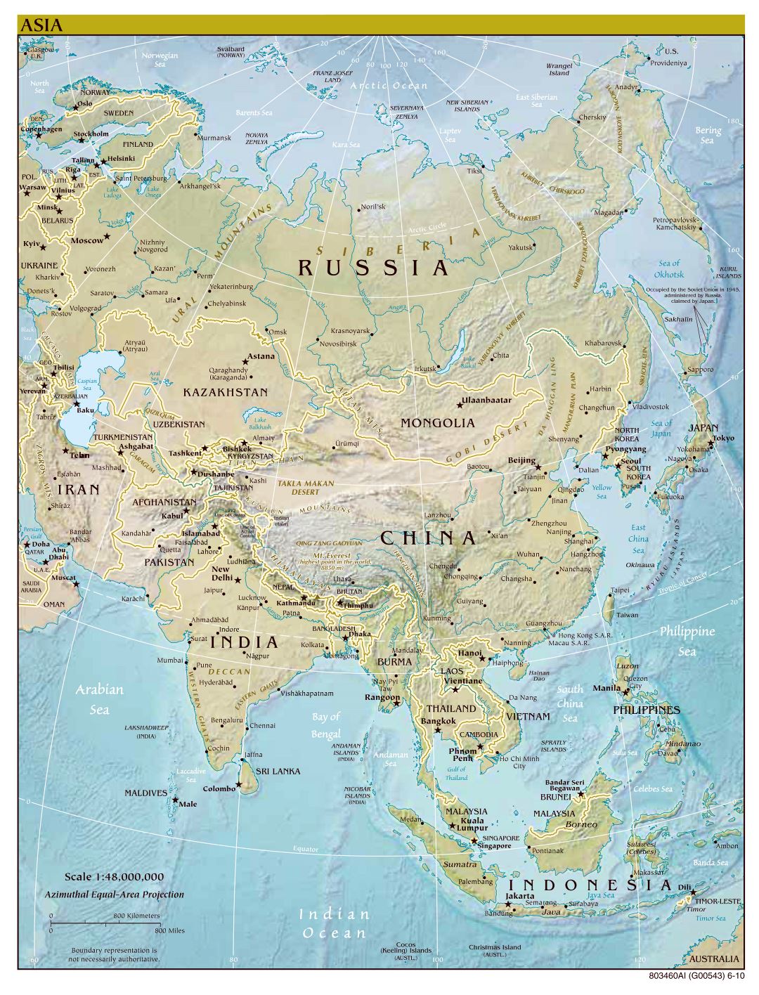 A gran escala mapa político de Asia, con alivio, las principales ciudades y capitales - 2010