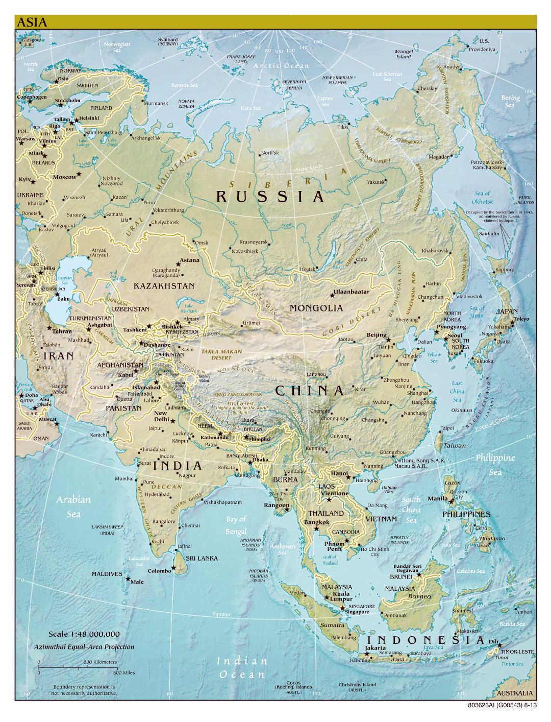 A gran escala mapa político de Asia, con alivio, las principales ciudades y capitales - 2013
