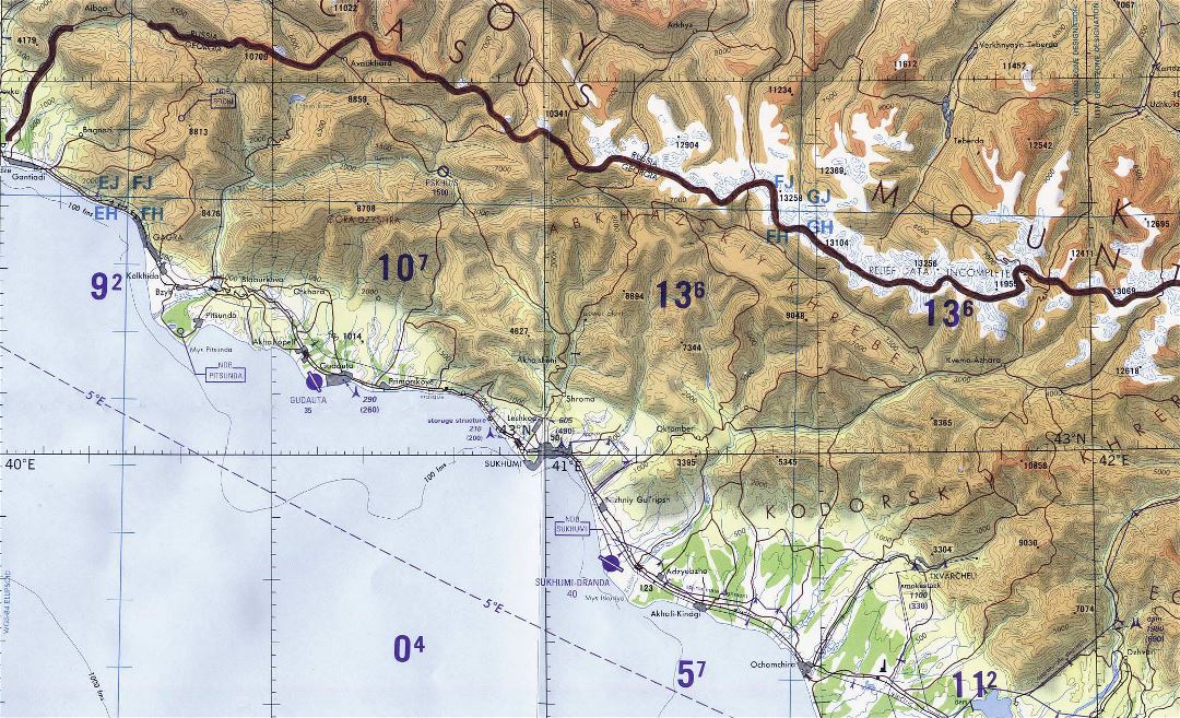 Detallado mapa topográfico de Abjasia