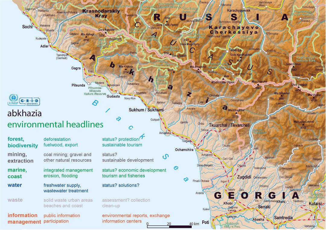 Grande detallado mapa político de Abjasia con alivio