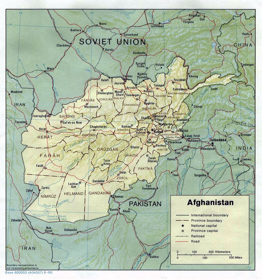 Detallado mapa político y administrativo de Afganistán con alivio - 1986