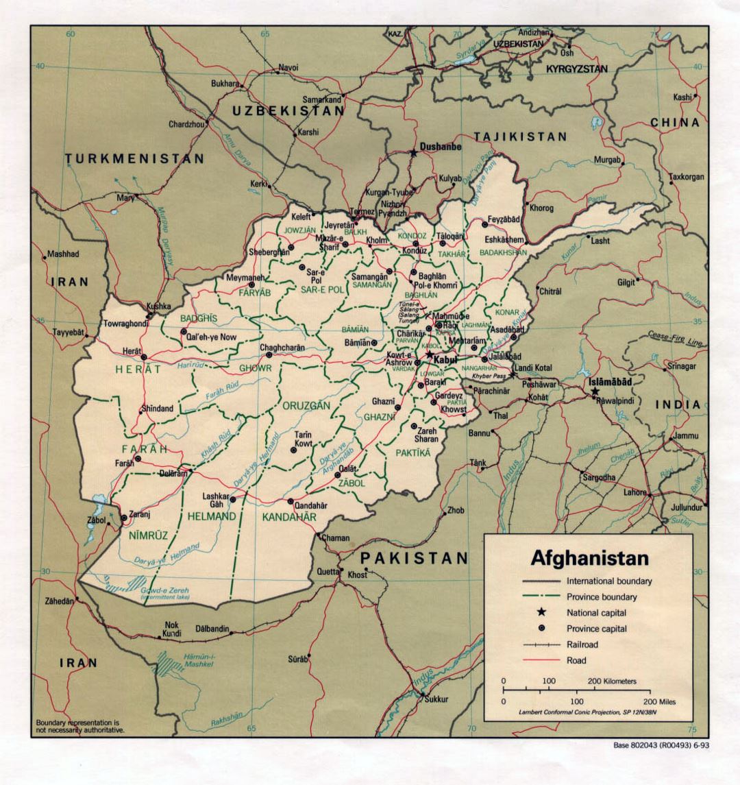 Detallado mapa político y administrativo de Afganistán con principales ciudades y carreteras - 1993
