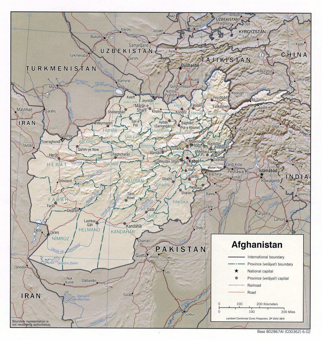 Detallado mapa político y administrativo de Afganistán con relieve - 2002
