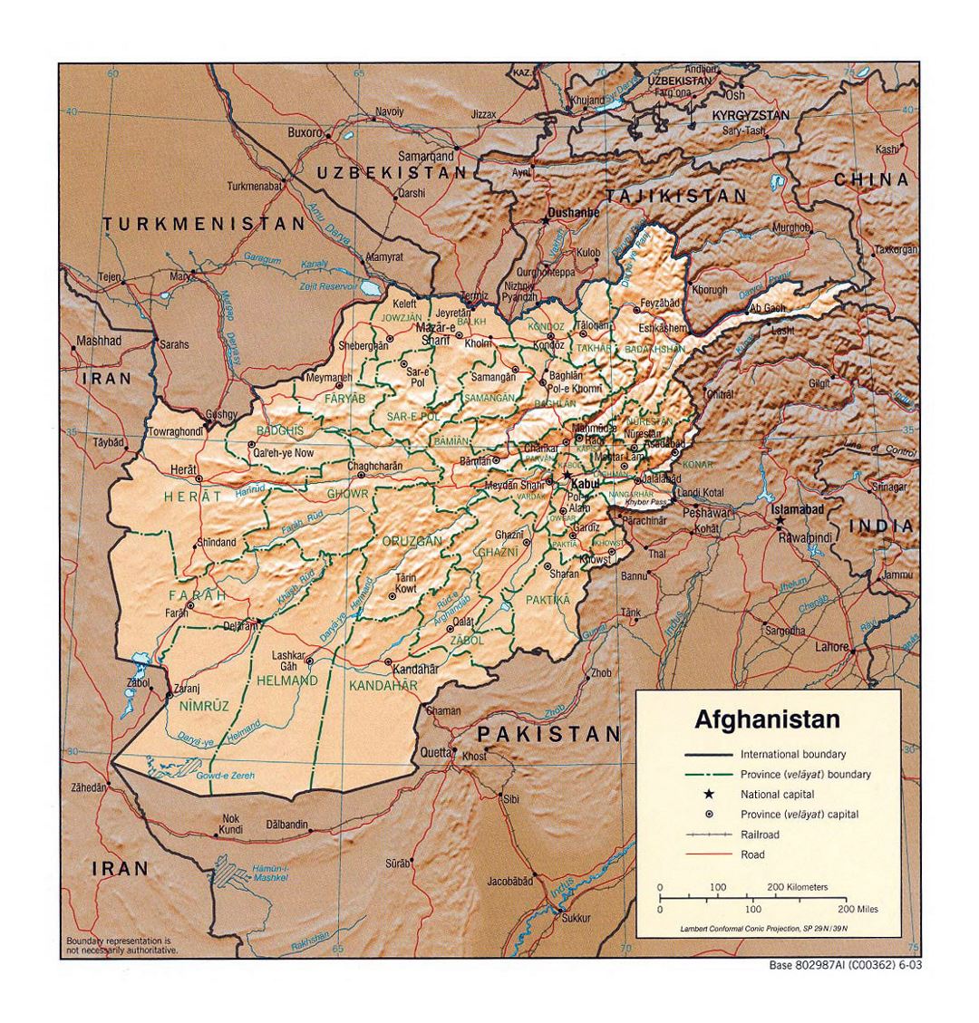 Detallado mapa político y administrativo de Afganistán con relieve - 2003