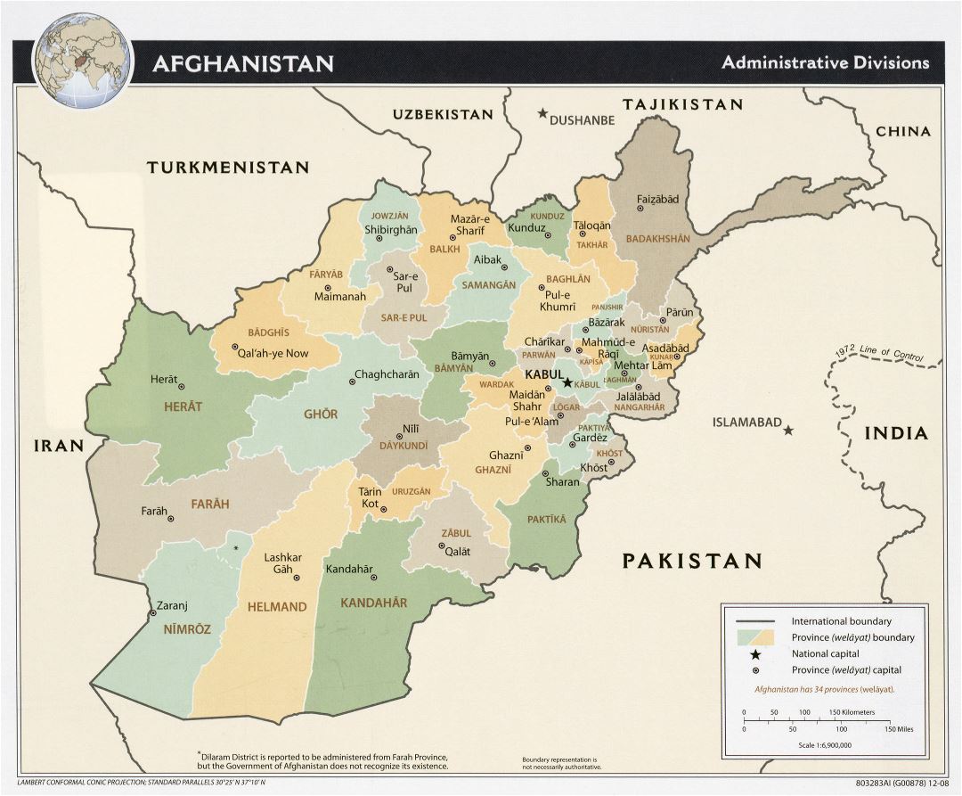 Grande administrativas divisiones mapa de Afganistán - 2008