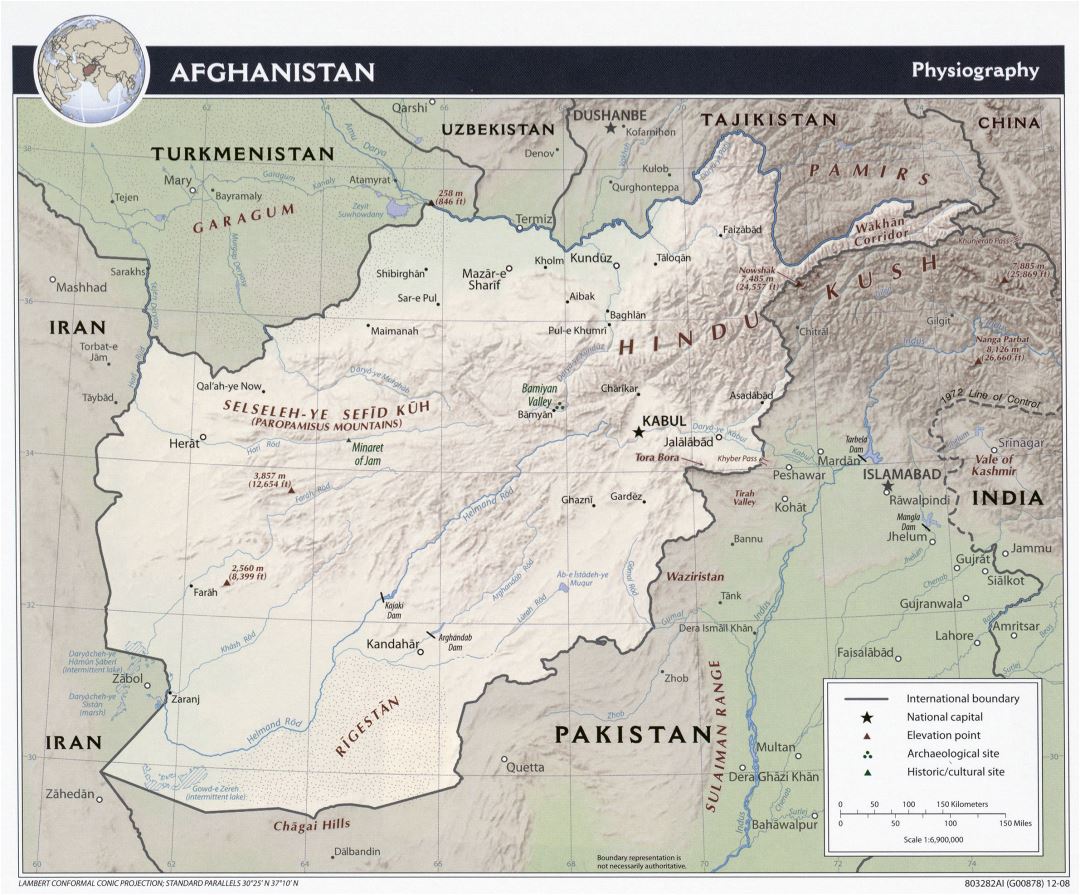 Grande detallado mapa de fisiografía de Afganistán - 2008