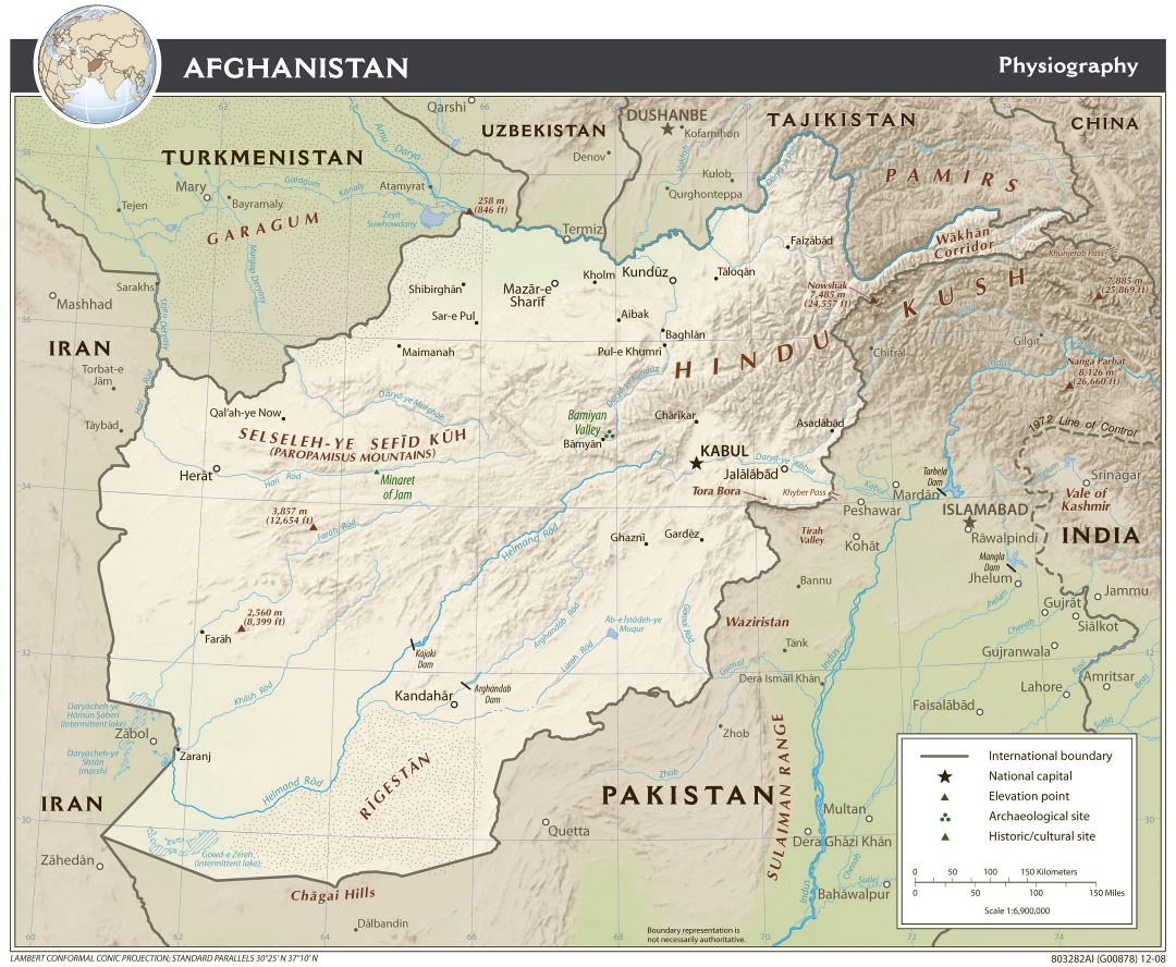 Grande detallado mapa de fisiografía de Afganistán - 2009
