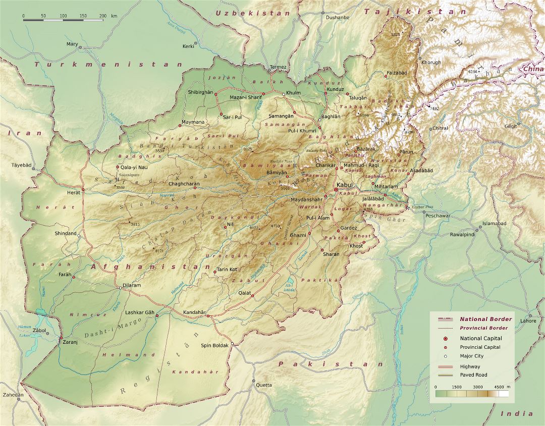 Grande detallado mapa físico de Afganistán con carreteras, autopistas y grandes ciudades