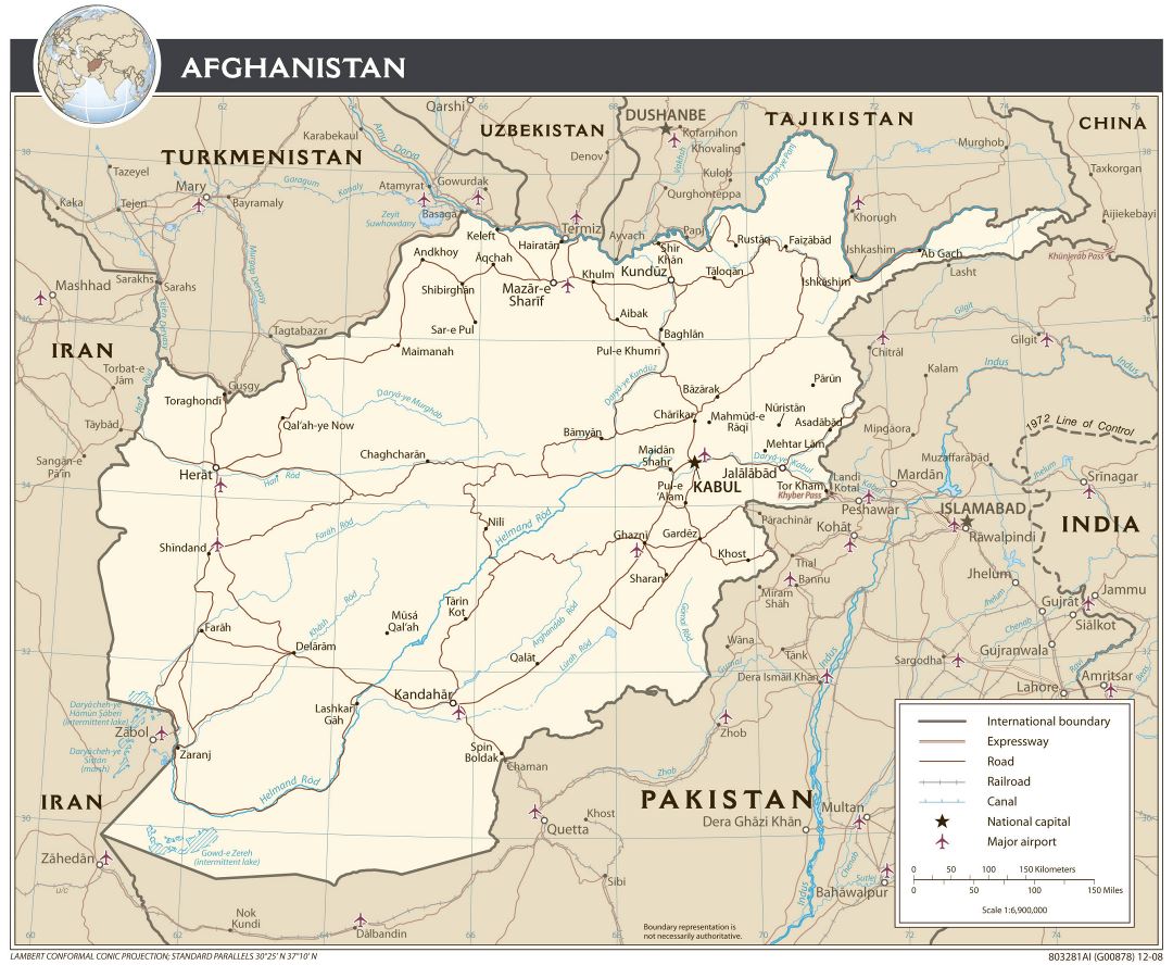 Grande detallado mapa político de Afganistán con carreteras, aeropuertos y principales ciudades - 2008