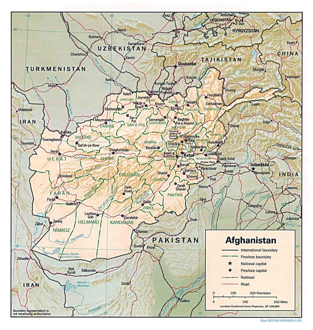 Grande mapa político y administrativo de Afganistán con socorro, principales ciudades y carreteras - 1993