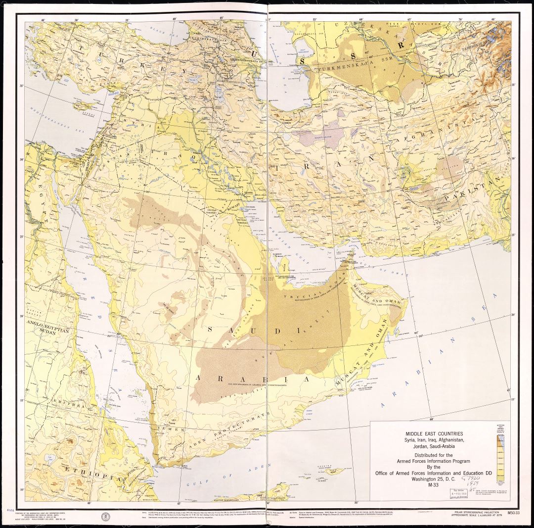 A gran escala detallado mapa de elevación de los países del Medio Oriente: Siria, Irán, Irak, Afganistán, Jordania y Arabia Saudita - 1955