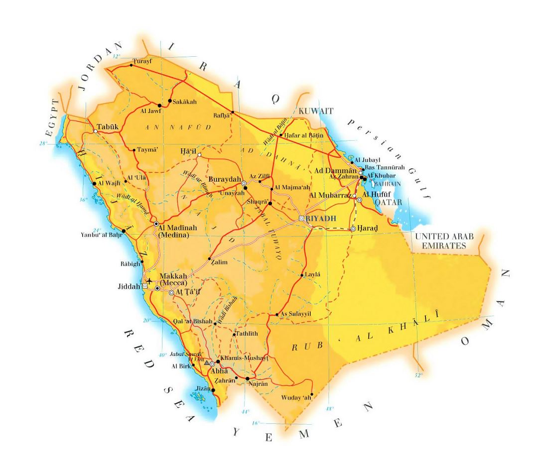 Detallado mapa de elevación de Arabia Saudita con carreteras, ferrocarriles, ciudades y aeropuertos
