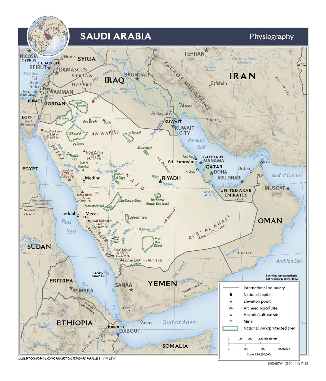 Detallado mapa de fisiografía de Arabia Saudita - 2013