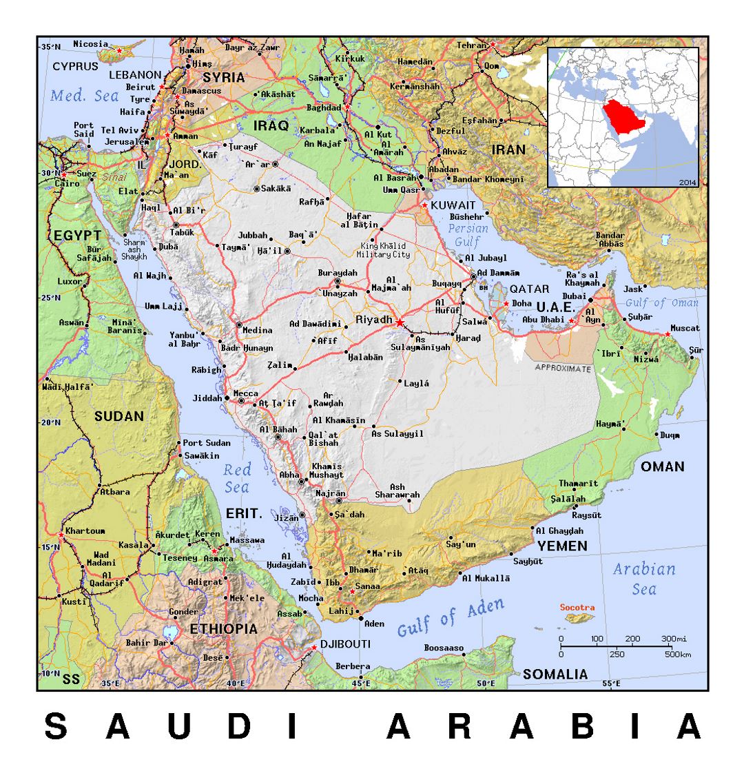 Detallado mapa político de Arabia Saudita con relieve