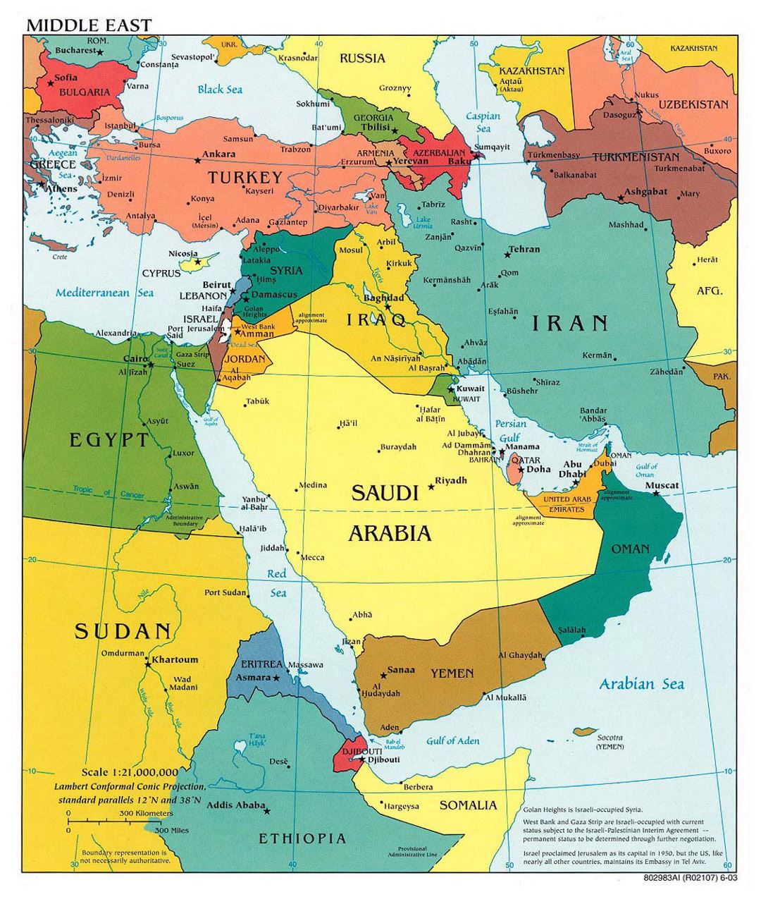 Detallado mapa político de Medio Oriente con principales ciudades - 2003