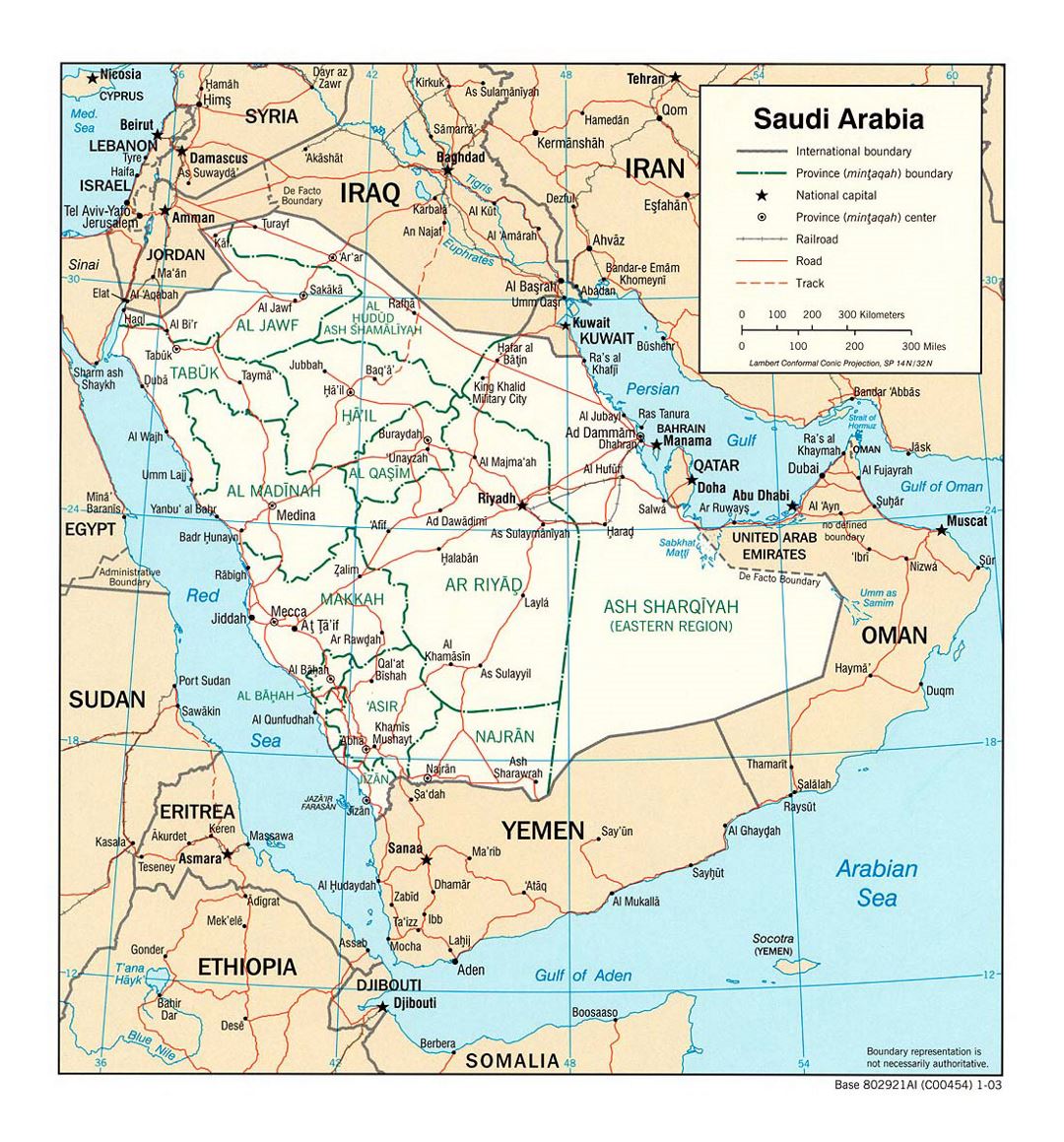 Detallado mapa político y administrativo de Arabia Saudita con carreteras, ferrocarriles y principales ciudades - 2003