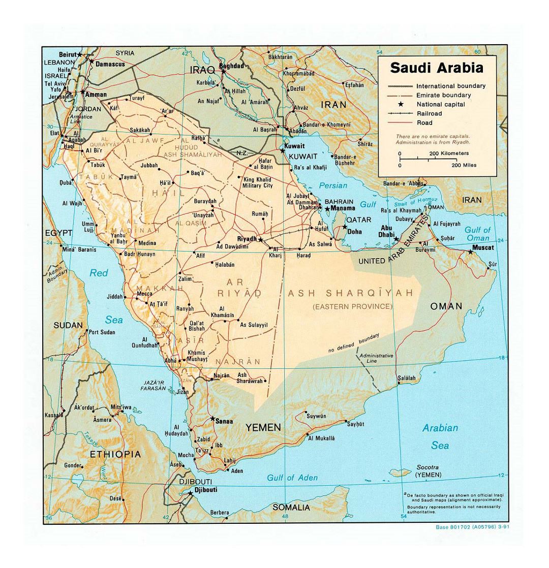 Detallado mapa político y administrativo de Arabia Saudita con socorro, carreteras, ferrocarriles y principales ciudades - 1991