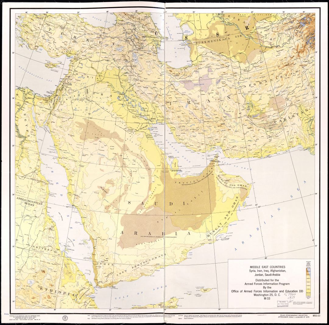 Grande detallado mapa de elevación de los países del Medio Oriente: Siria, Irán, Irak, Afganistán, Jordania y Arabia Saudita - 1955