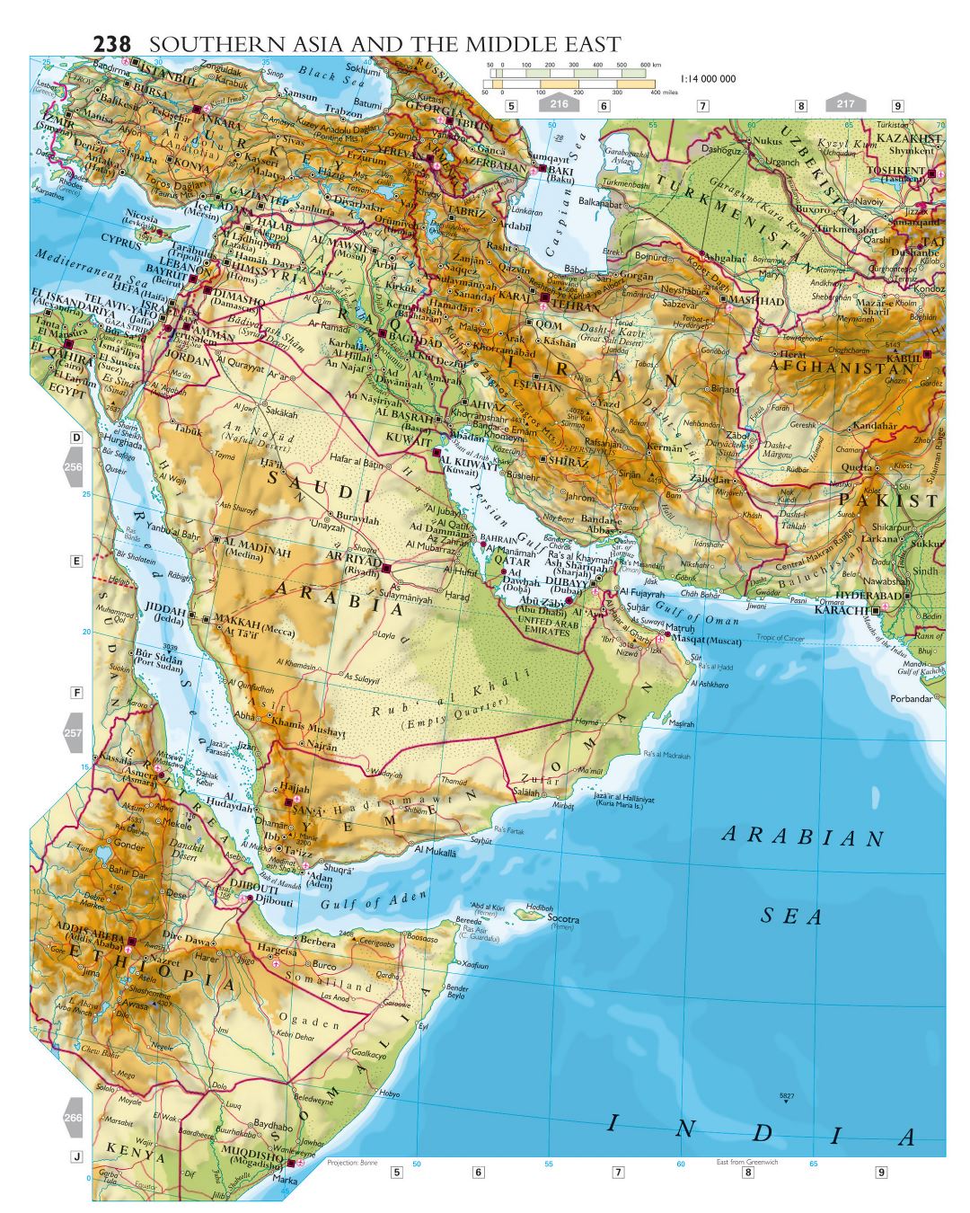 Grande detallado mapa de elevación de Sur de Asia y Medio Oriente