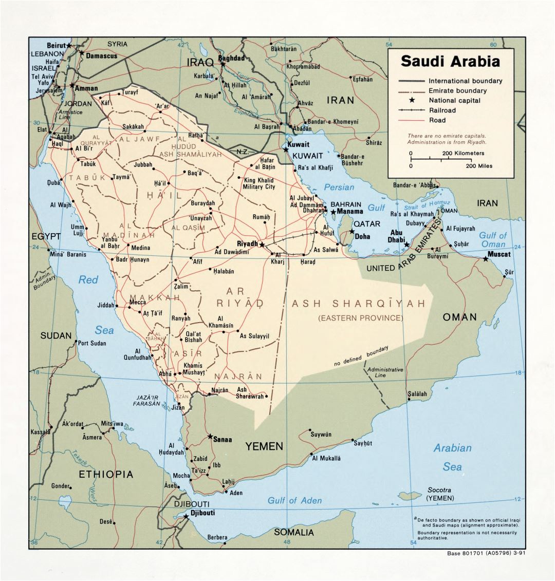 Grande detallado mapa político y administrativo de Arabia Saudita con carreteras, ferrocarriles y principales ciudades - 1991
