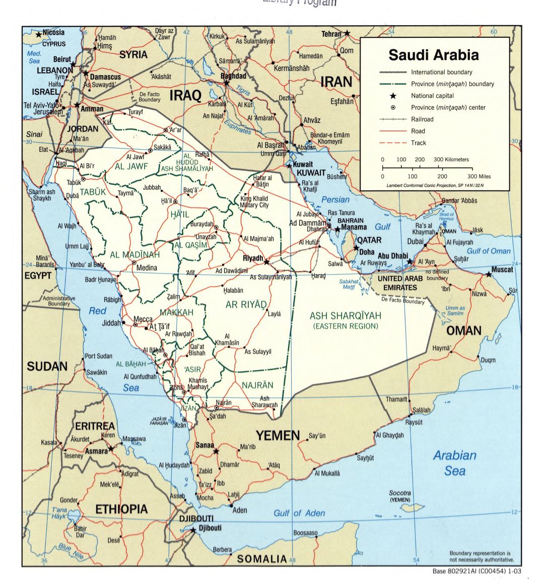 Grande detallado mapa político y administrativo de Arabia Saudita con carreteras, ferrocarriles y principales ciudades - 2003