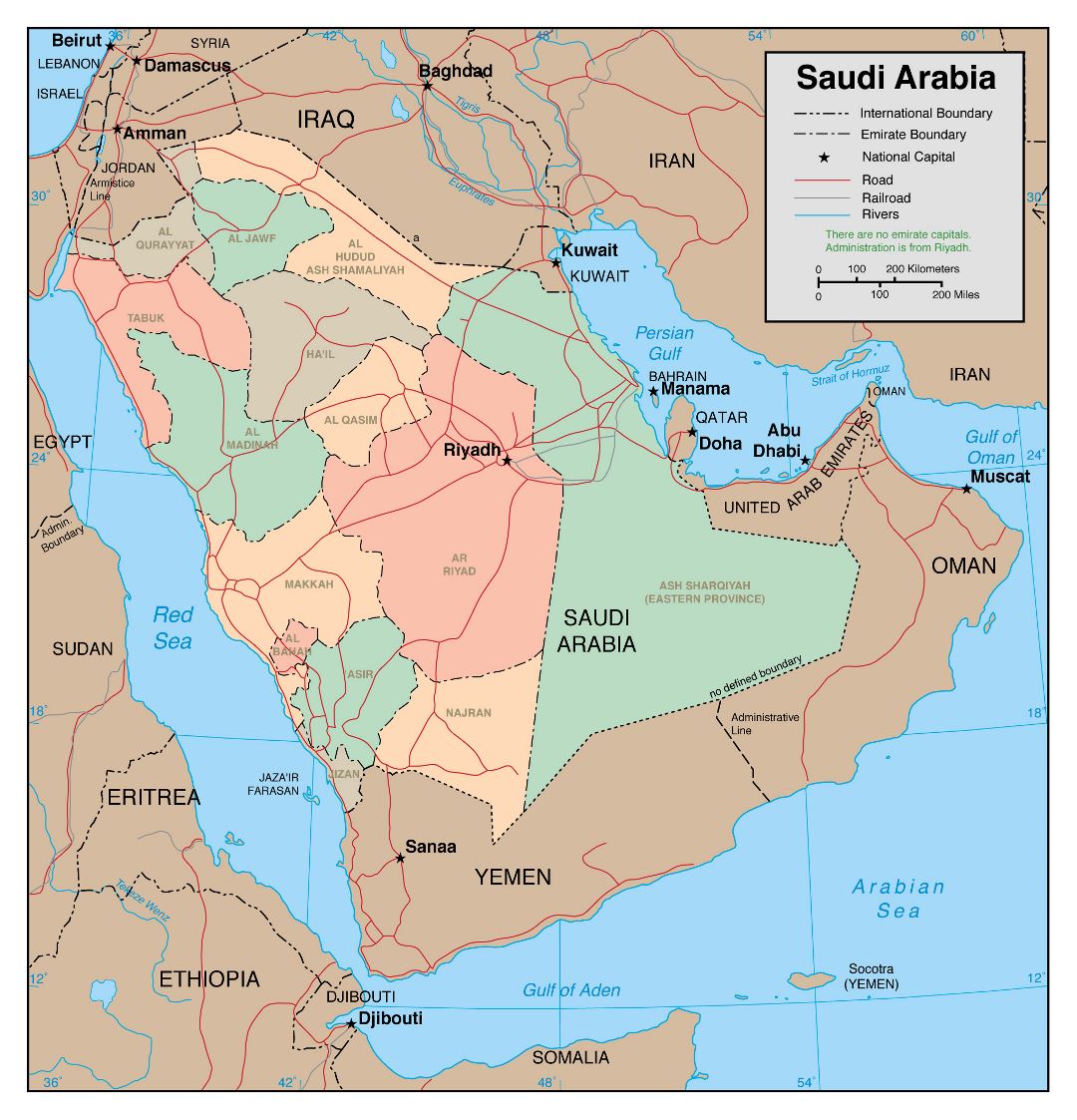 Grande detallado mapa político y administrativo de Arabia Saudita con carreteras, ferrocarriles y principales ciudades